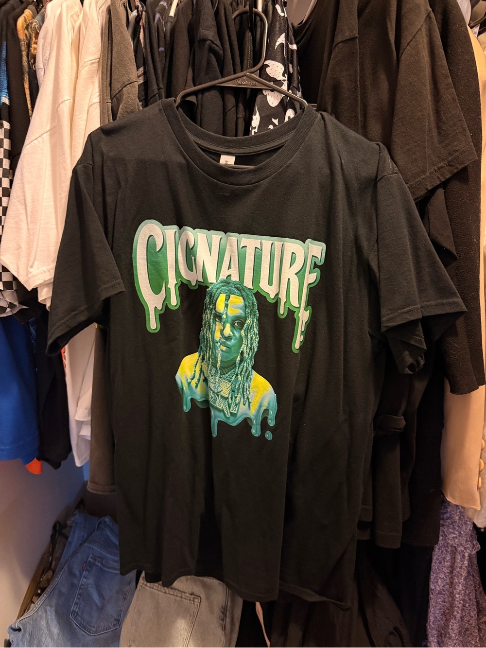 Signature Black Tee with Green and Teal Drip Graphic